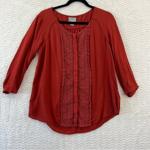 Maeve Button Down Blouse Women’s 12 Burt Orange Long Sleeve Embroidered Rayon ** - Picture 1 of 12